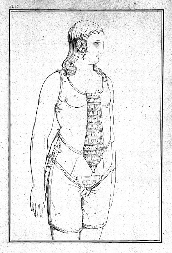 Prent van een kuisheidsgordel uit het boek ‘Considérations sur les hernies abdominales, sur les bandages herniaires rénixigrades et sur de nouveaux moyens de s'opposer à l’onanisme’, door Design Guillaume Jalade-Lafond, 1822