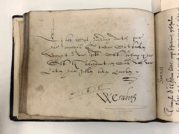 Een spottend versje over de liefde van collega Wouter Crabeth uit 1615 in het ‘album amicorum’ van Wybrand de Geest