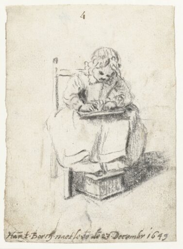 RP-T-1887-A-886 Harmen ter Borch, ‘Kind, tekenend of schrijvend’, 1649 – Vermoedelijk tekent Harmen hier, zelf pas elf jaar oud, zijn broertje Moses