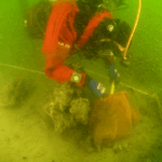 Duikers van de Rijksdienst voor Cultureel Erfgoed inspecteren het afgedekte scheepswrak, foto: NTR