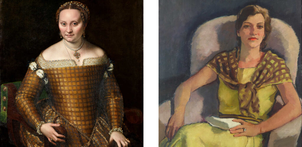 Sofonisba Anguissola, Bianca Ponzoni Anguissola, Detail, 1557 | Eugen Spiro, Die Gattin des Künstlers, Detail, 1929 Photo credits: Staatliche Museen zu Berlin, Gemäldegalerie /Jörg P. Anders | Staatliche Museen zu Berlin, Neue Nationalgalerie © VG Bild-Kunst, Bonn, 2021