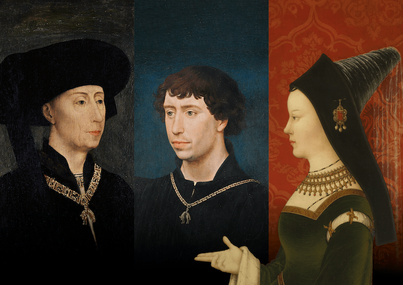 v.l.n.r. Filips de Goede. Naar Rogier van der Weyden, 16e eeuw; Karel de Stoute, naar Rogier van der Weyden, 1440-1480, foto: Gemäldegalerie, Staatliche Museen in Berlijn, Christoph Schmidt; Margaretha van York, onbekend, Frans, ca. 1467, foto: GrandPalaisRmn (Musée du Louvre), Tony Querrec