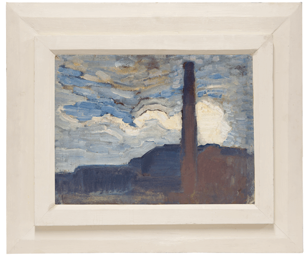 Een schilderij van een schoorsteen van een fabriek met op de achtergrond een wolkenlucht