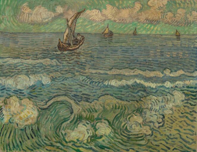 Een schilderij van een zee, met golven en vier boten, geschilderd in de stijl van Vincent van Gogh
