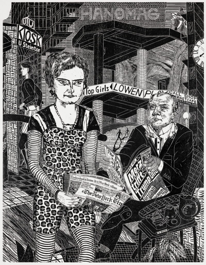 Gabriela Jolowicz, Beckmann vorm Ihme-Zentrum, 2025 Holzschnitt 93x120 cm, Foto: Patricia Sevilla Ciordia