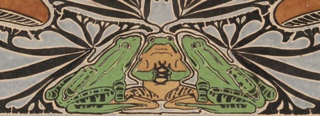 Chris Lebeau (1878-1945) Ontwerptekening voor randornament met kikkers en paddenstoelen, ongedateerd, gouache en aquarel op papier, 12,5 x 48 cm, Drents Museum, schenking Stichting Schone Kunsten rond 1900