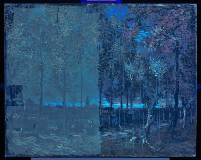 Uv-foto halverwege vernisafname. Links is de vernis nog aanwezig (groen), rechts is de vernis verwijderd