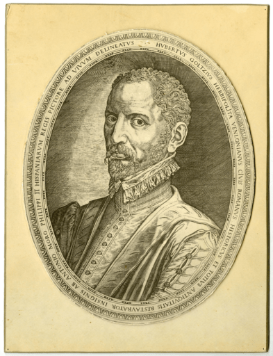 Portret van Hubert Goltzius, Cornelis Cort naar Antionio Moro. 1567. Collectie Limburgs Museum. Cornelius Cort naar Antonio Moro, 'Portret van Hubert Goltzius', 1567