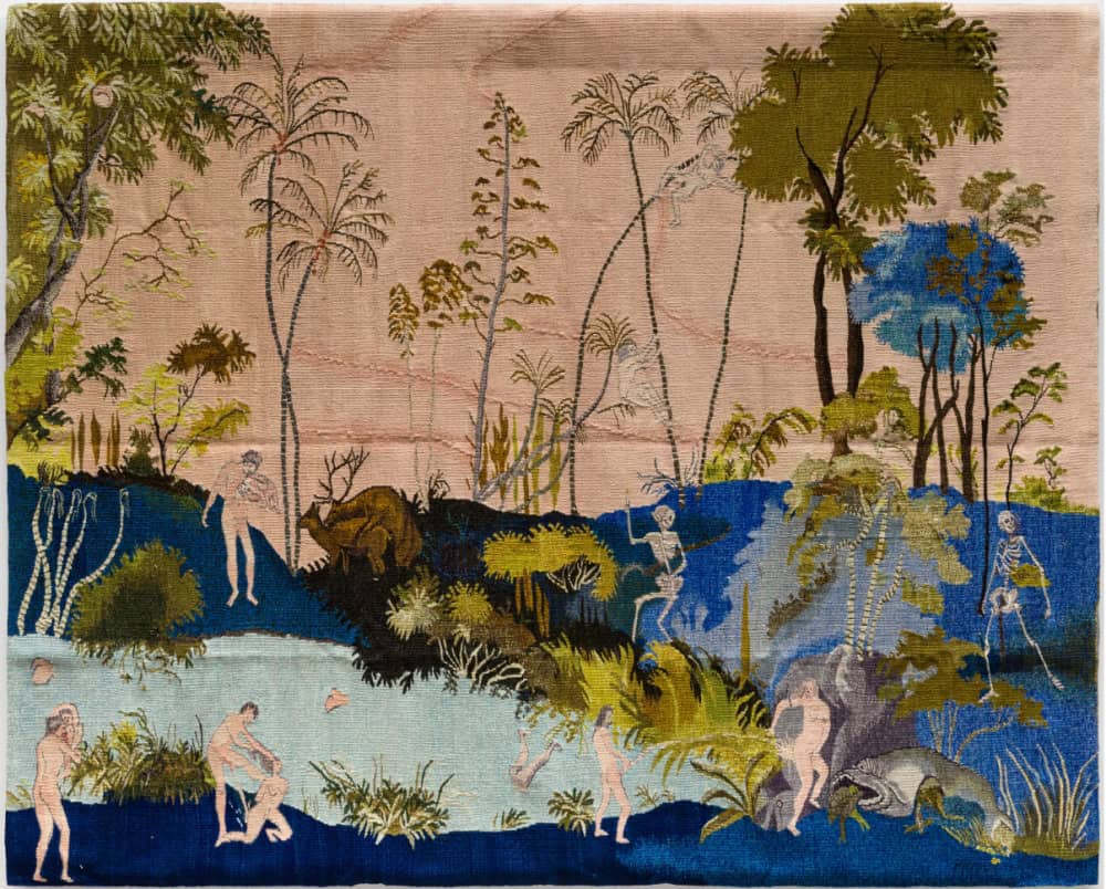 Sanam Khatibi, Garden Party, 2025, Hand-woven wool tapestry, 202 × 250 cm, Courtesy of the artist and Mendes Wood DM, São Paulo, Brussels, Paris, New York. Photo credit: © Hugard & Vanoverschelde