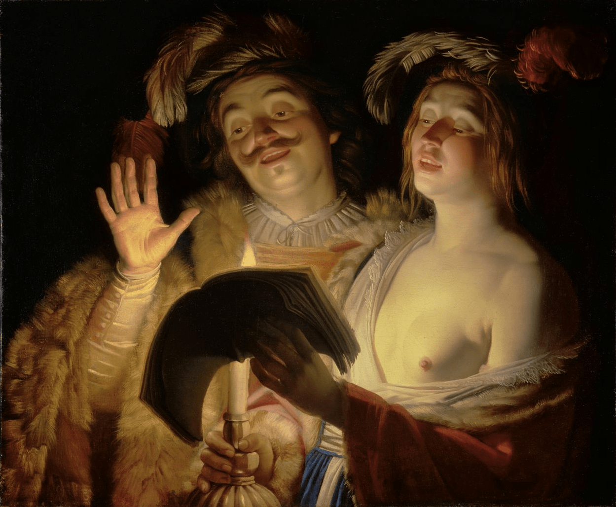 Gerard van Honthorst, ‘Cavalier en een vrouw die zingen bij kaarslicht’, 1624
