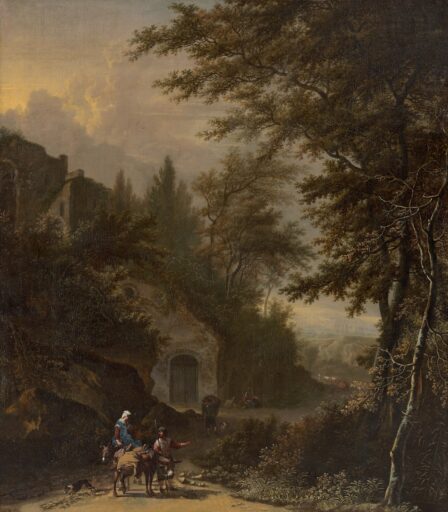 Adriaen Verboom, ‘Reizigers in een italianiserend landschap’, ca. 1665, figuren door Johannes Lingelbach
