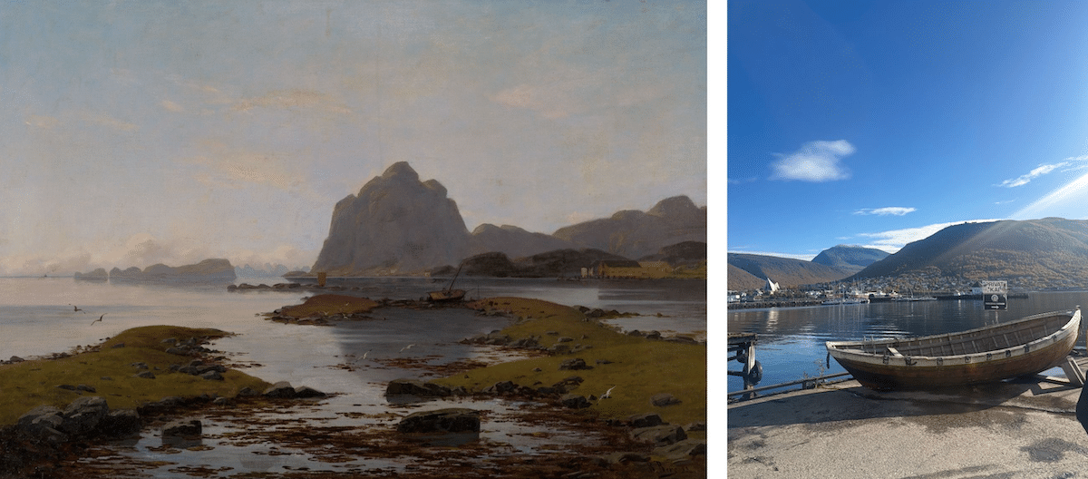 links: Betzy Akersloot-Berg, ‘Kystparti i Nord Norge’, 1883, rechts: haven van Tromsø