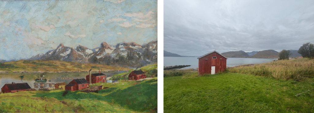 links: Betzy Akersloot-Berg, ‘Huizen Noorse kust, Skorøya’, ca. 1892, rechts: Straumen gård, buitenlocatie van het Perspektivet Museum in Tromsø