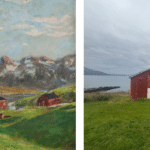 links: Betzy Akersloot-Berg, ‘Huizen Noorse kust, Skorøya’, ca. 1892, rechts: Straumen gård, buitenlocatie van het Perspektivet Museum in Tromsø