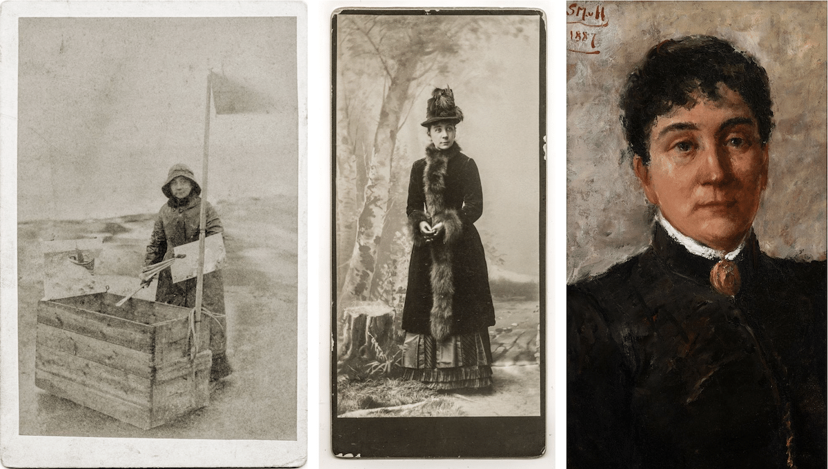 links: Betzy Akersloot-Berg naast schilderskist, 1896 of later, fotograaf onbekend, midden: Betzy Akersloot-Berg in kostuum met bontrand, studioportret, z.j., fotograaf onbekend, rechts: Sientje Mesdag-van Houten, ‘Portret van Betzy Berg’, 1887