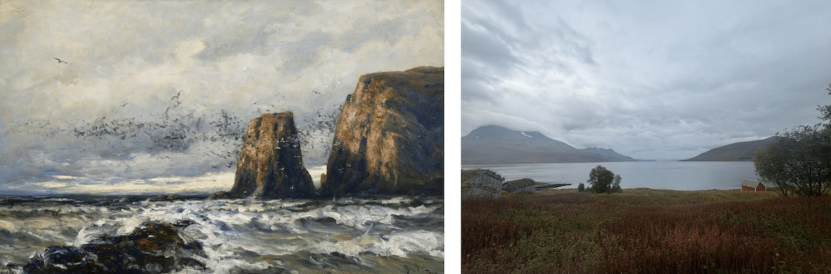 links: Betzy Akersloot-Berg, ‘Vogelrots bij Gjesvær’, 1888, rechts: uitzicht bij Straumen gård